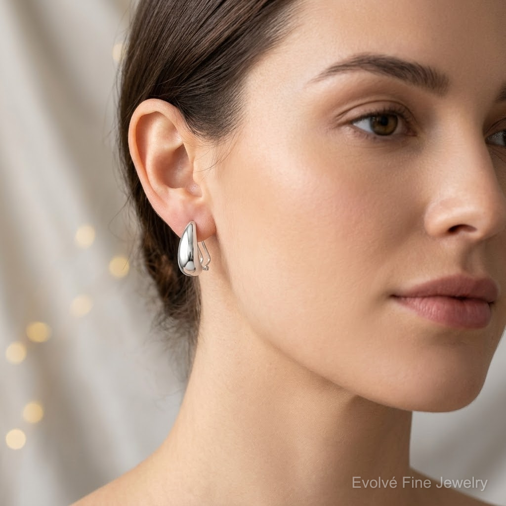 Sterling Silver Polished Omega Back J-Hoop Earrings - Model Shot