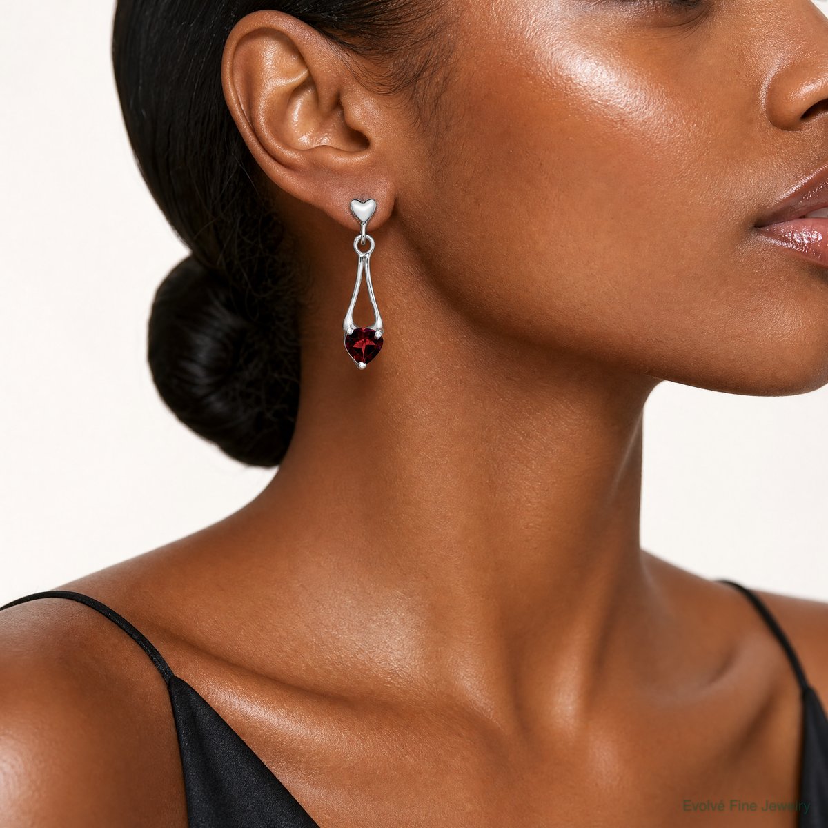 Sterling Silver Rhodium-plated Polished Garnet Heart Post Dangle Earrings - Model Shot