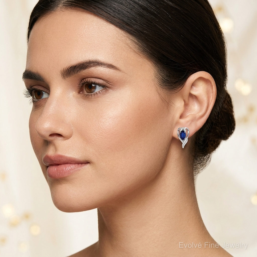 Sterling Silver Rhodium Plated Diamond & Sapphire Post Earrings - Model Shot