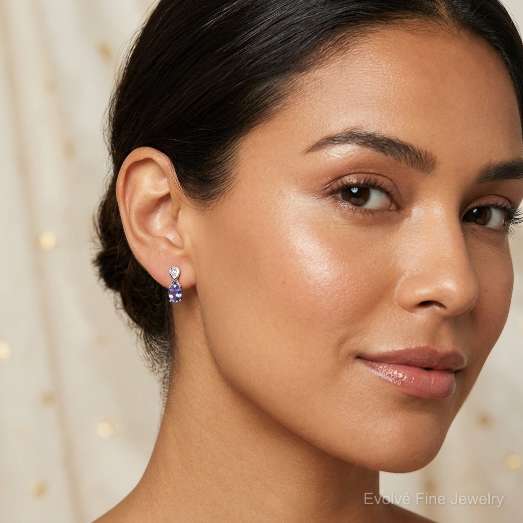 Sterling Silver Rhodium Plated Diamond & Tanzanite Oval Post Earrings - Model Shot