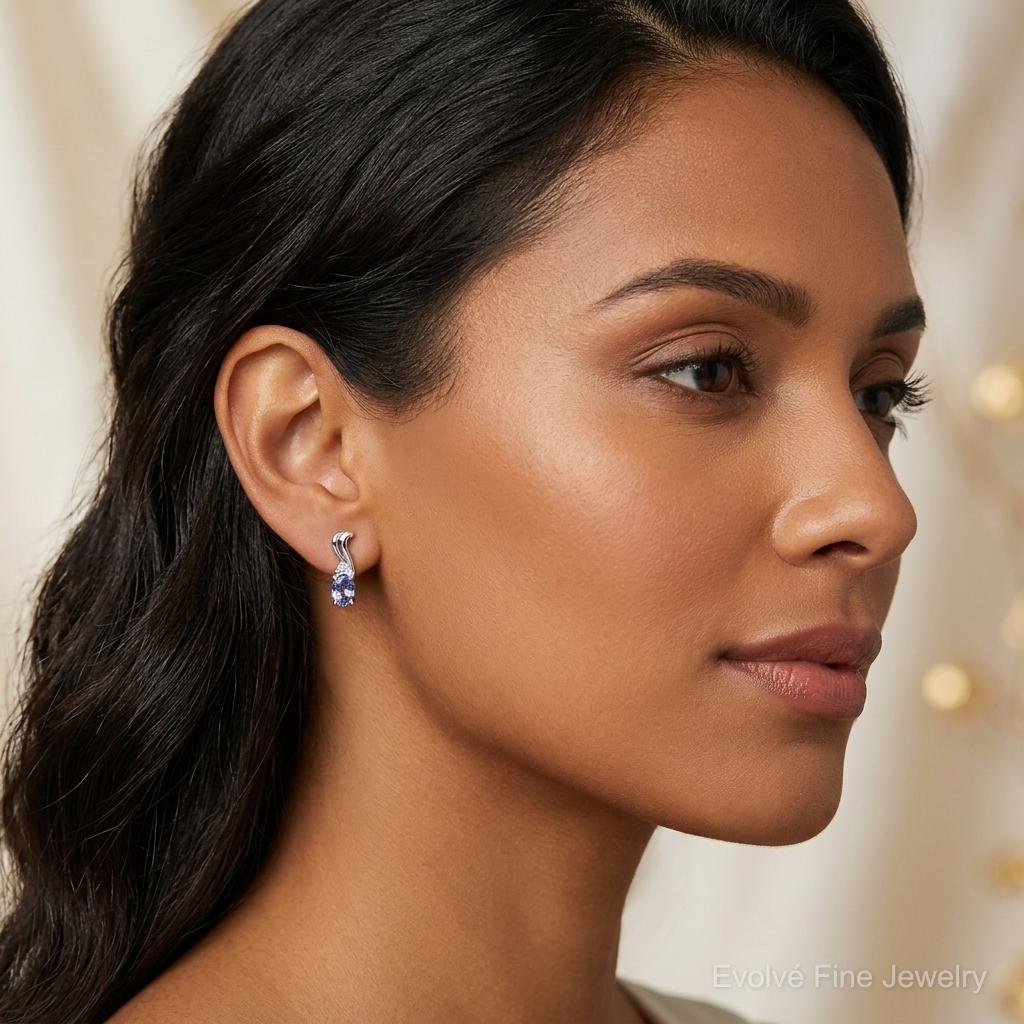 Sterling Silver Rhodium Plated Diamond & Tanzanite Oval Post Earrings - Model Shot