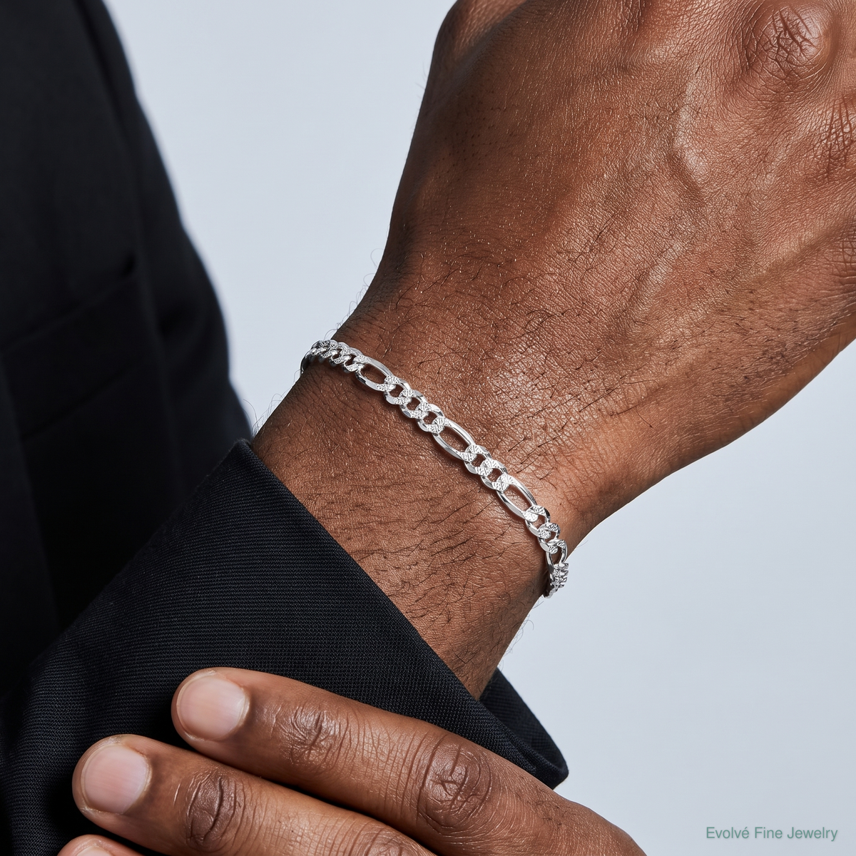 Sterling Silver Rhodium-plated 4.3mm Pavé Flat Figaro Chain - Model Shot