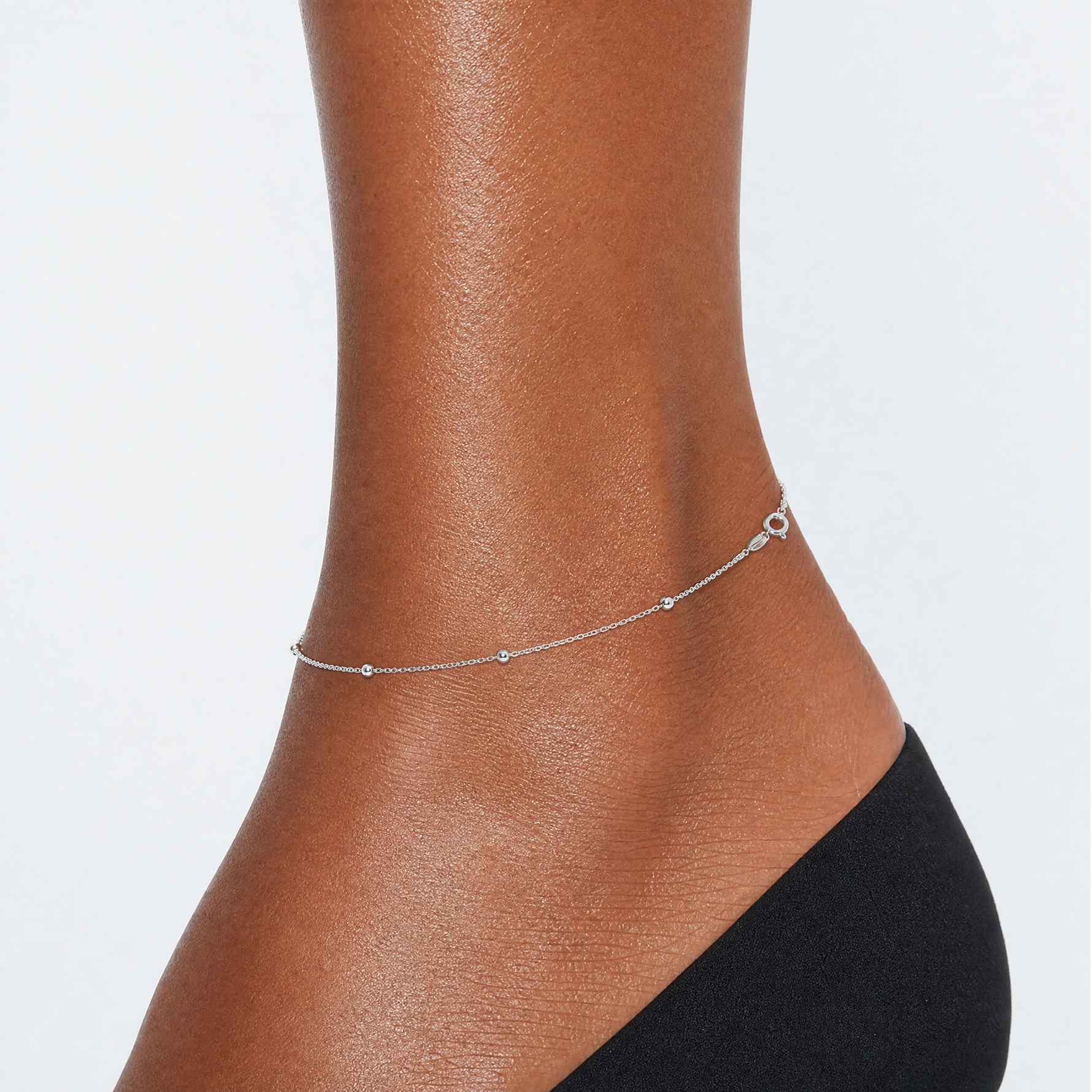 Sterling Silver 1mm Beaded Chain 9in Plus 1in ext. Anklet - Model Shot