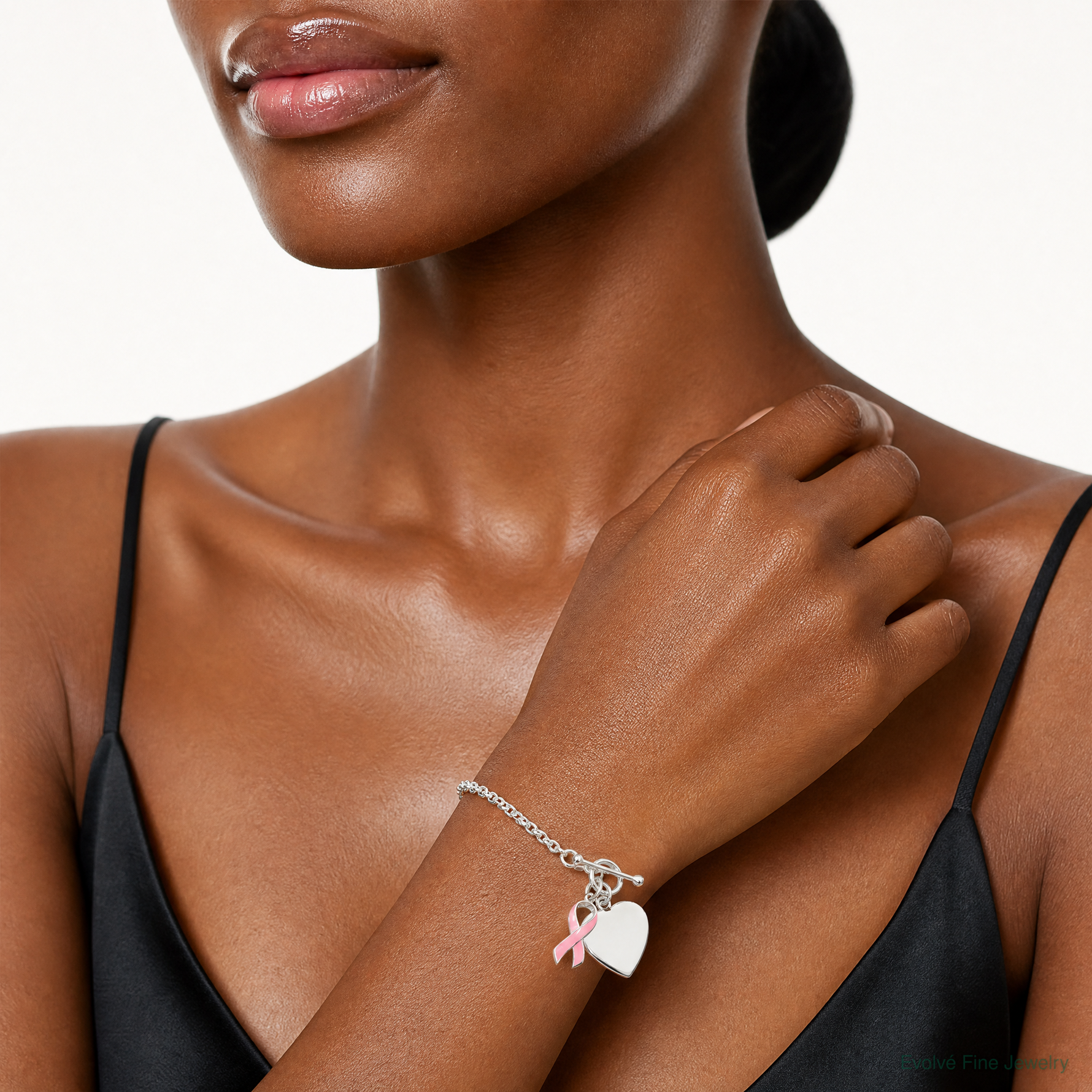 Sterling Silver Fancy Engraveable Heart with Pink Ribbon Bracelet - Model Shot