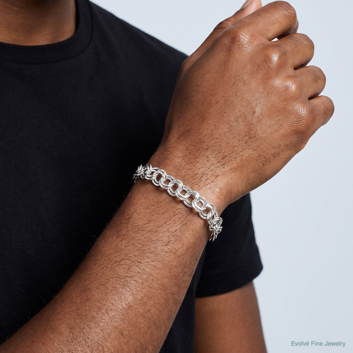Sterling Silver 7.6mm Double Link Charm Bracelet - Model Shot