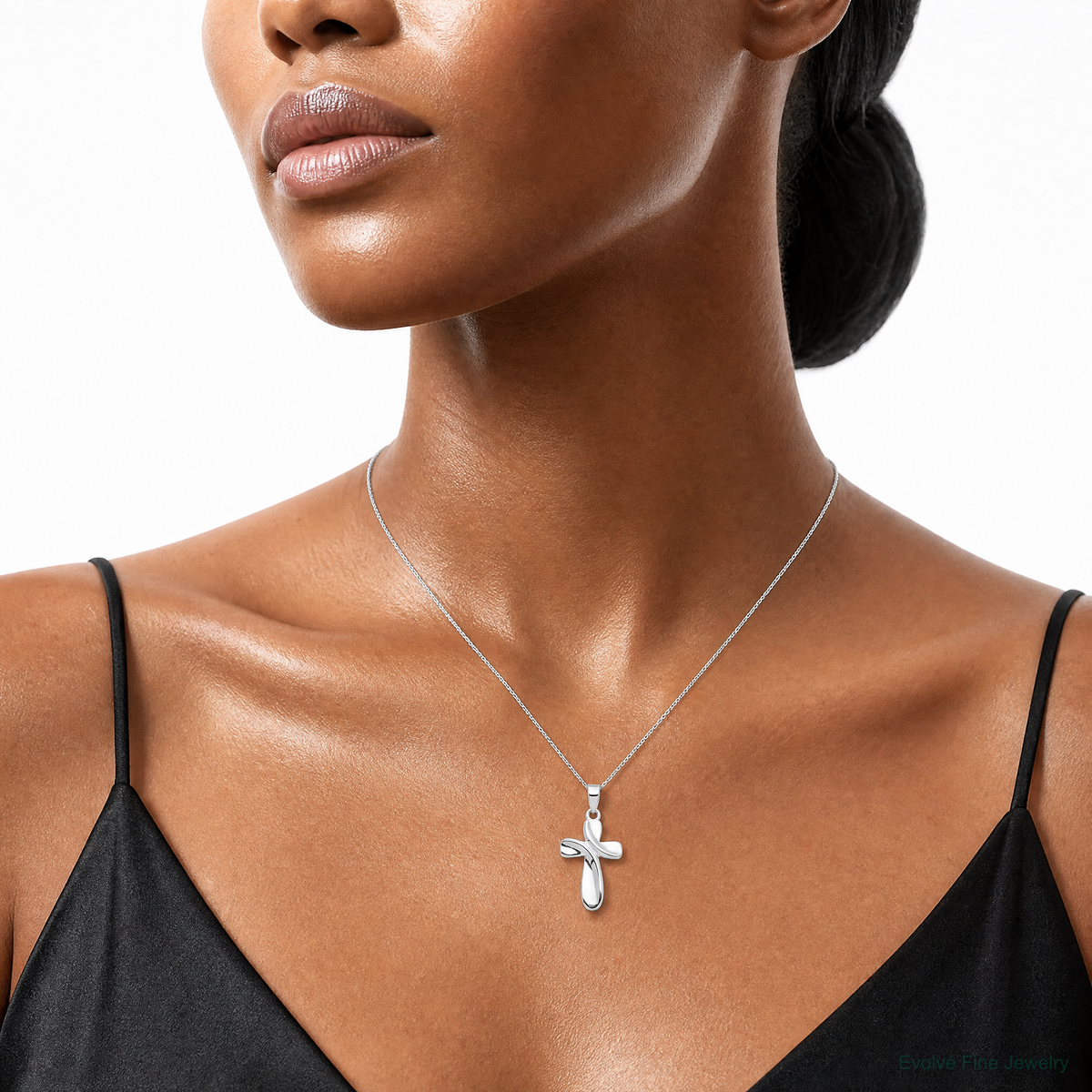 Sterling Silver Rhodium-plated Cross Necklace - Model Shot