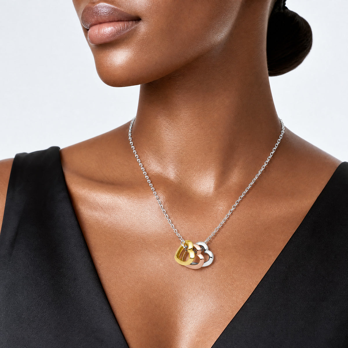 Sterling Silver and Vermeil Polished Fancy 3-Heart Necklace - Model Shot