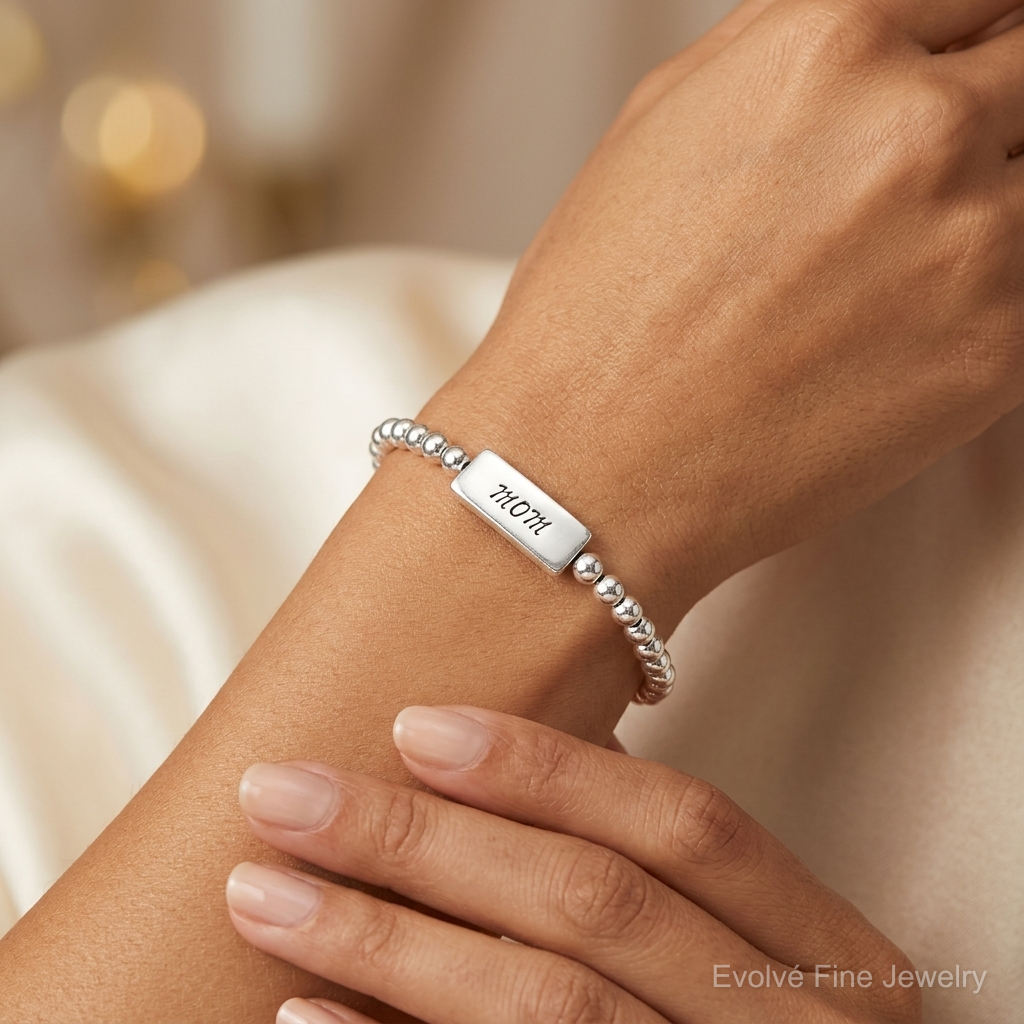 Sterling Silver Enameled MOM Stretch Bracelet - Model Shot