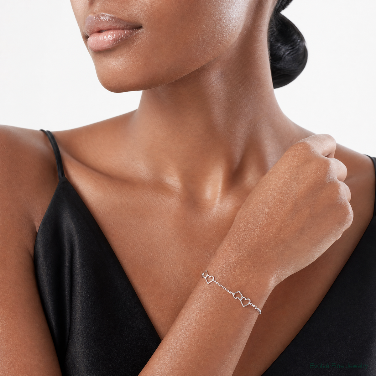 Sterling Silver Rhodium Plated Heart Bracelet - Model Shot