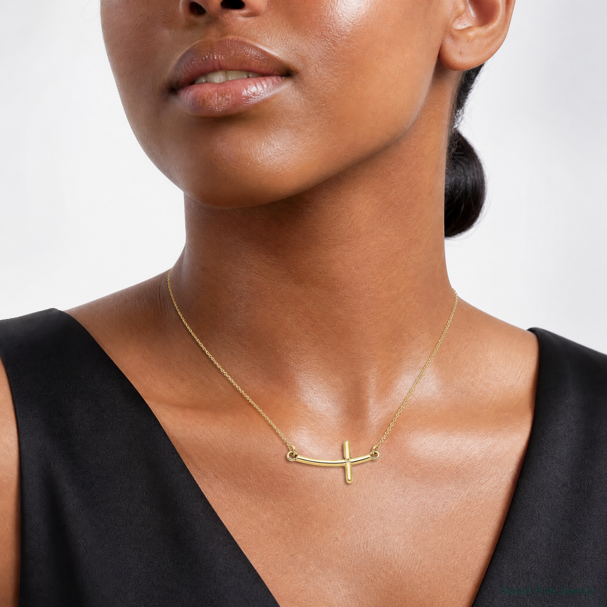 Sterling Silver YG-plated Small Sideways Curved Cross Necklace - Model Shot