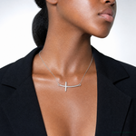Sterling Silver Rhodium-plated Large Sideways Curved Cross Necklace - Model Shot