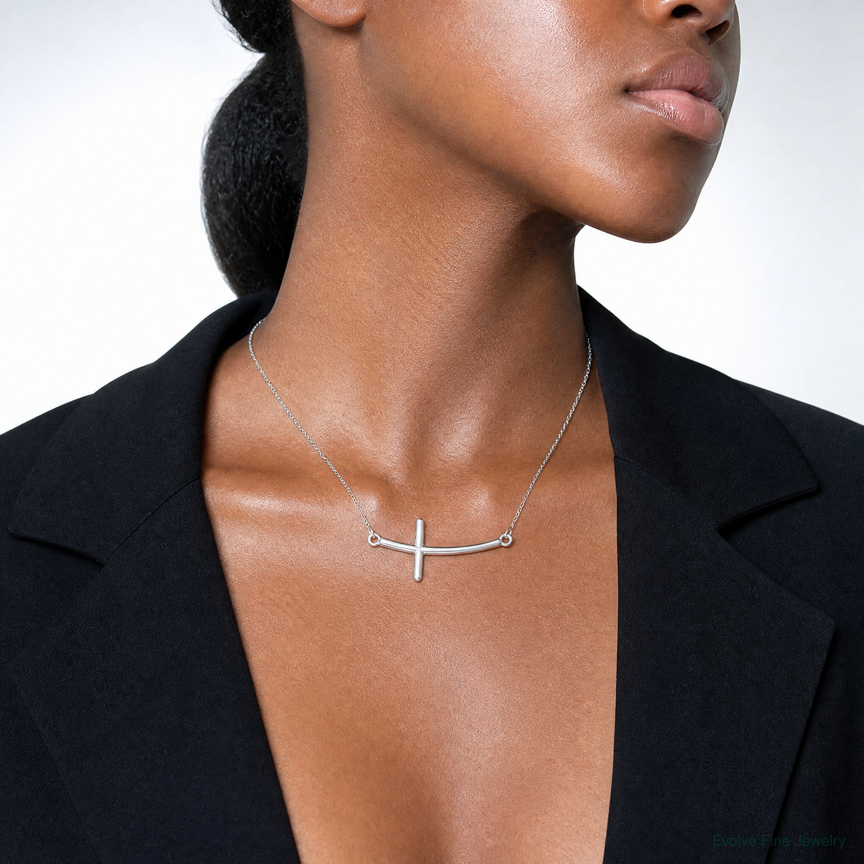 Sterling Silver Rhodium-plated Large Sideways Curved Cross Necklace - Model Shot
