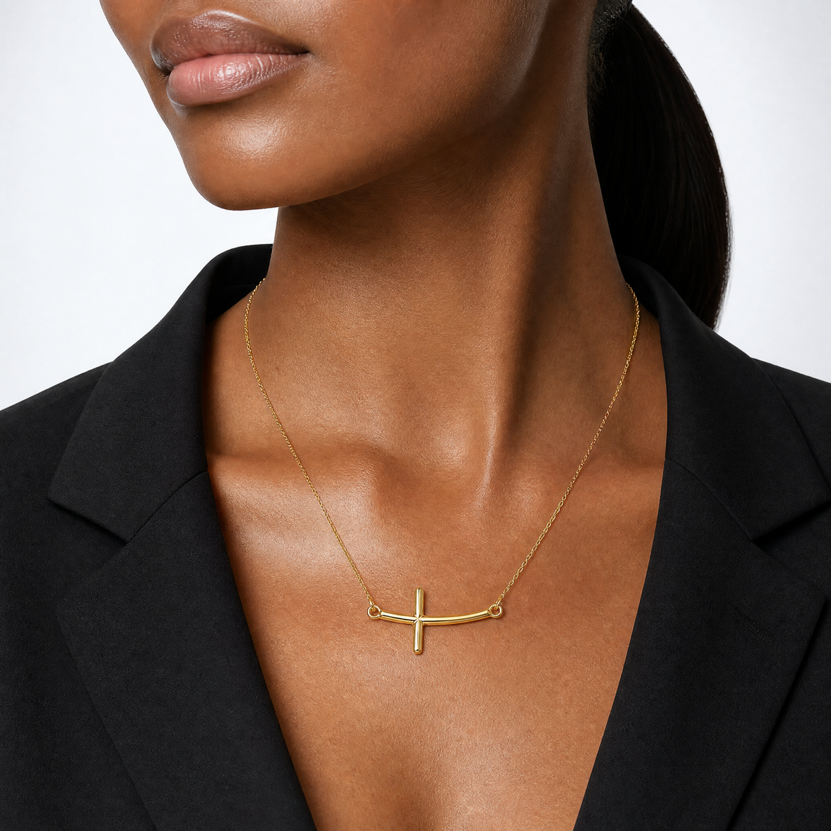 Sterling Silver YG-plated Large Sideways Curved Cross Necklace - Model Shot