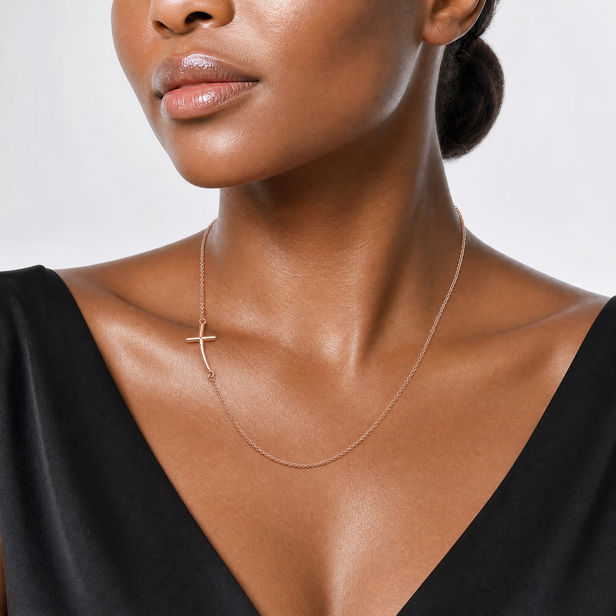 Sterling Silver RG-plated Small Off-Set Sideways Curved Cross Necklace - Model Shot