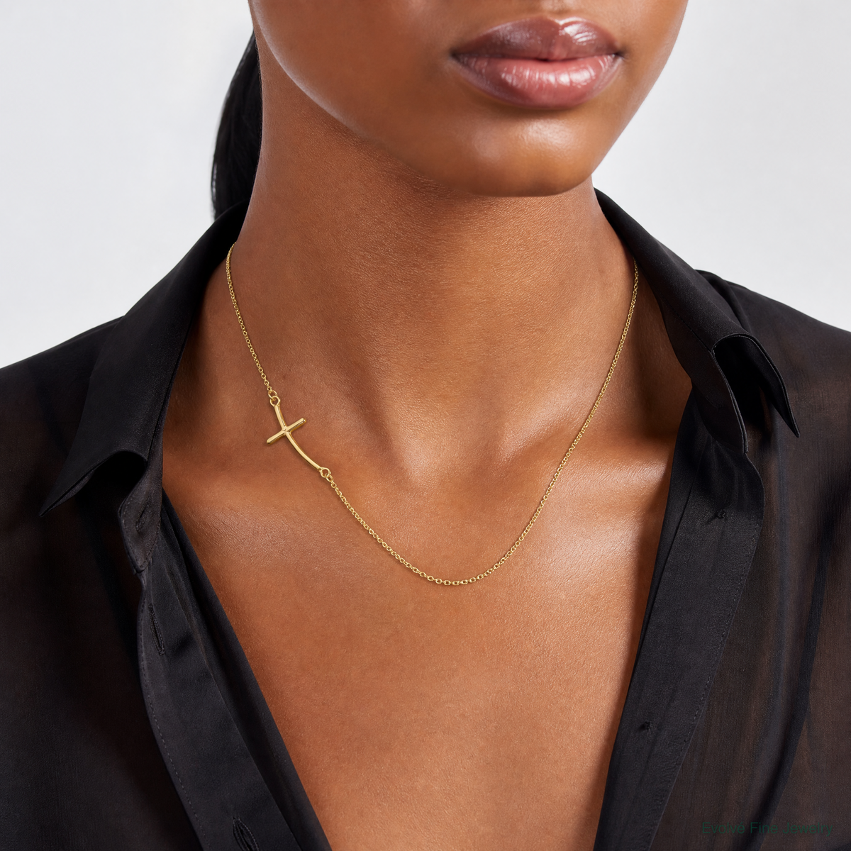 Sterling Silver YG-plated Small Off-Set Sideways Curved Cross Necklace - Model Shot