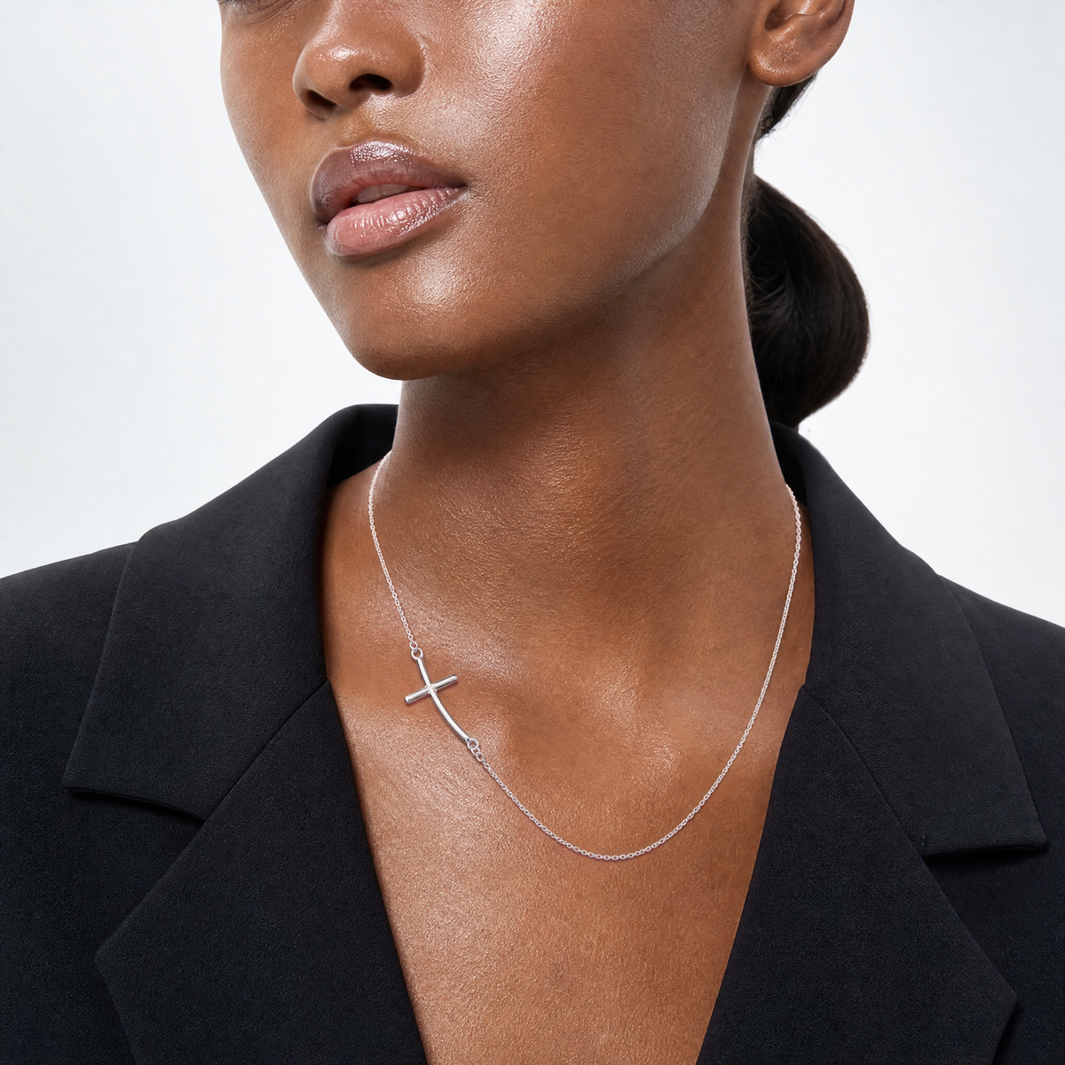 Sterling Silver Rh-plated Large Off-Set Sideways Curved Cross Necklace - Model Shot