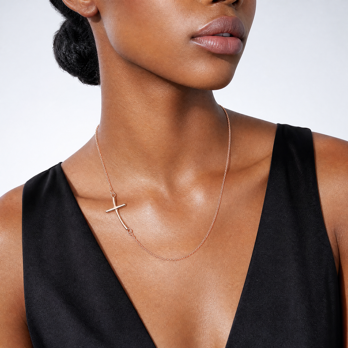 Sterling Silver RG-plated Large Off-Set Sideways Curved Cross Necklace - Model Shot