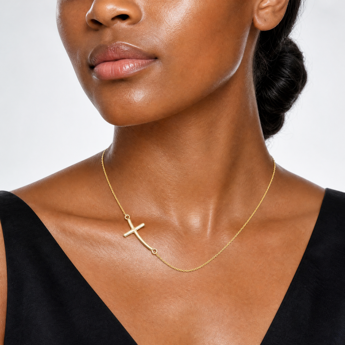 Sterling Silver YG-plated Large Off-Set Sideways Curved Cross Necklace - Model Shot