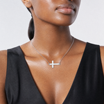 Sterling Silver Rhodium-plated Large Sideways Cross Necklace - Model Shot
