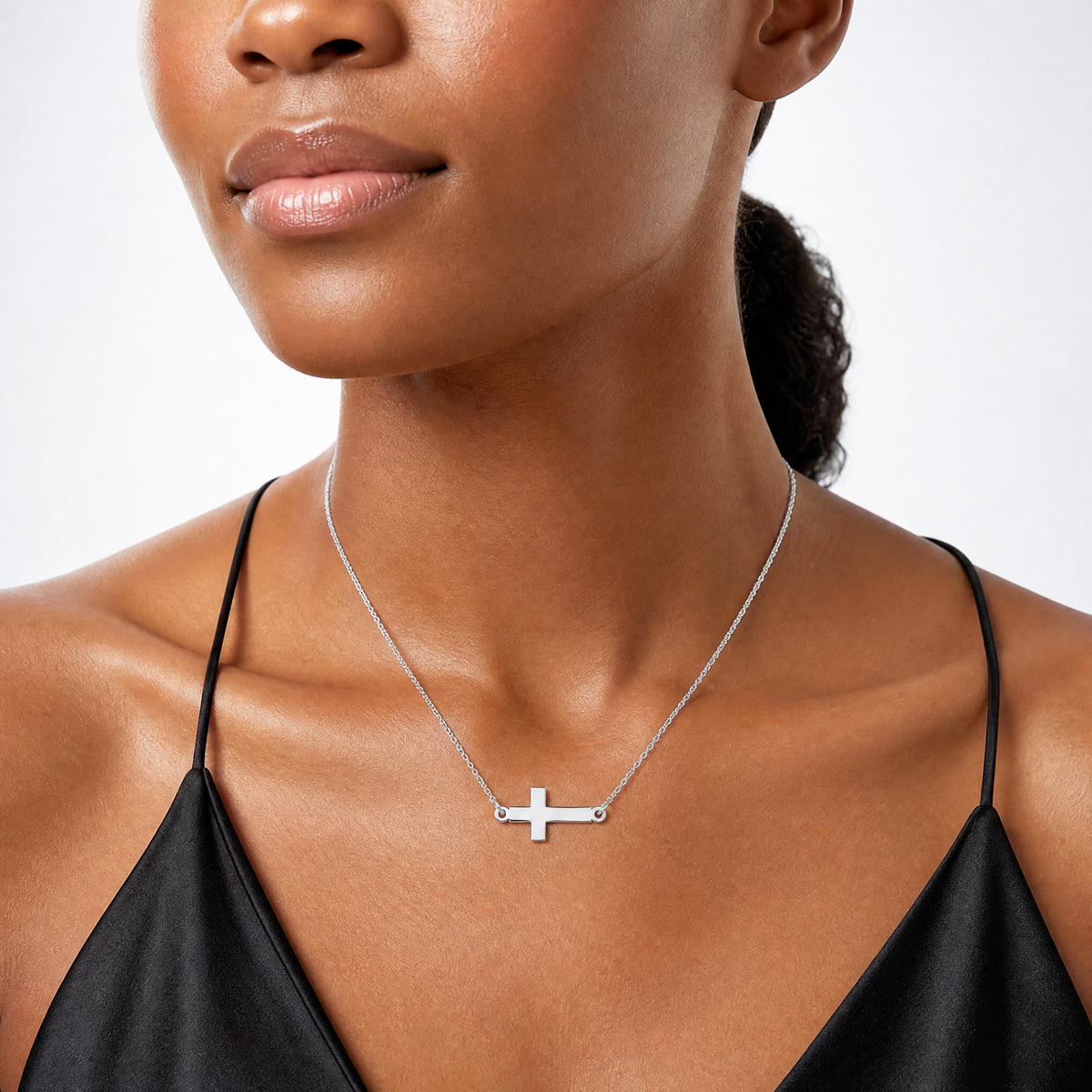 Sterling Silver Rhodium-plated Small Sideways Cross Necklace - Model Shot