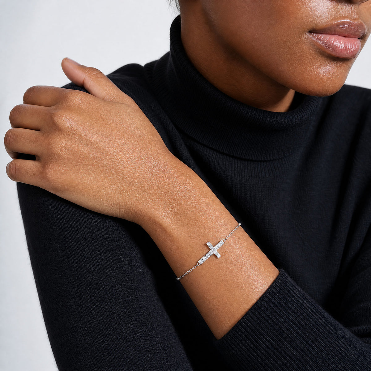 Sterling Silver Rhodium-plated CZ Sideways Cross w/1in Ext Bracelet - Model Shot