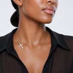 Sterling Silver Rhod-pltd CZ Offset Sideways Cross w/2in Ext Necklace - Model Shot