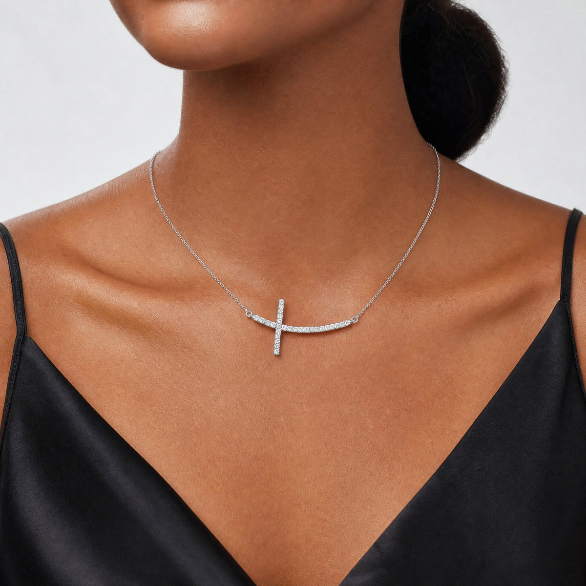 Sterling Silver Rhodium-plated CZ Sideways Cross w/2in Ext Necklace - Model Shot