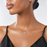 Sterling Silver Rhodium-plated CZ Sideways Cross w/2in Ext Necklace - Model Shot