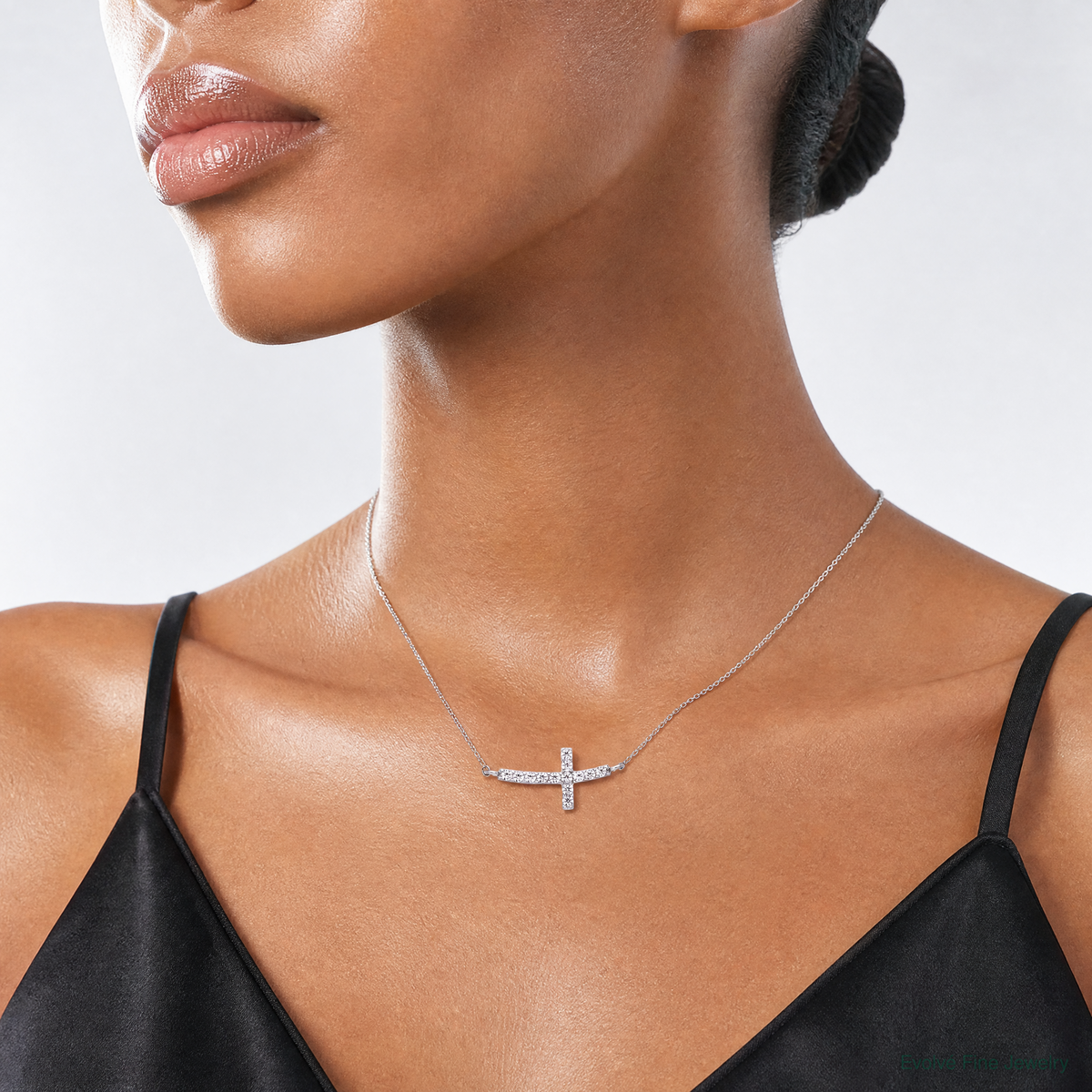 Sterling Silver Rhodium-plated CZ Sideways Cross w/2in Ext Necklace - Model Shot
