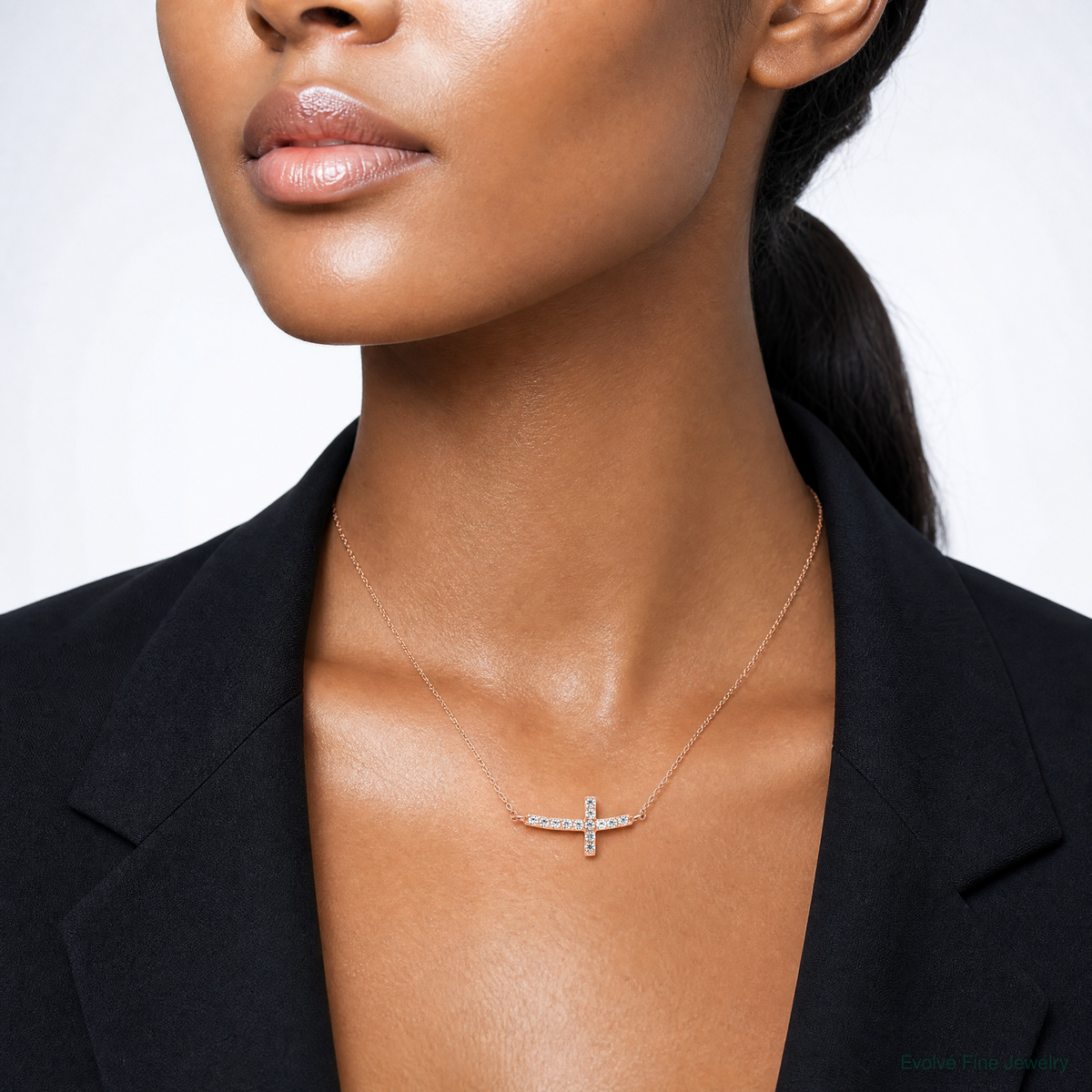 Sterling Silver Rose Gold-plated CZ Sideways Cross w/2in Ext Necklace - Model Shot