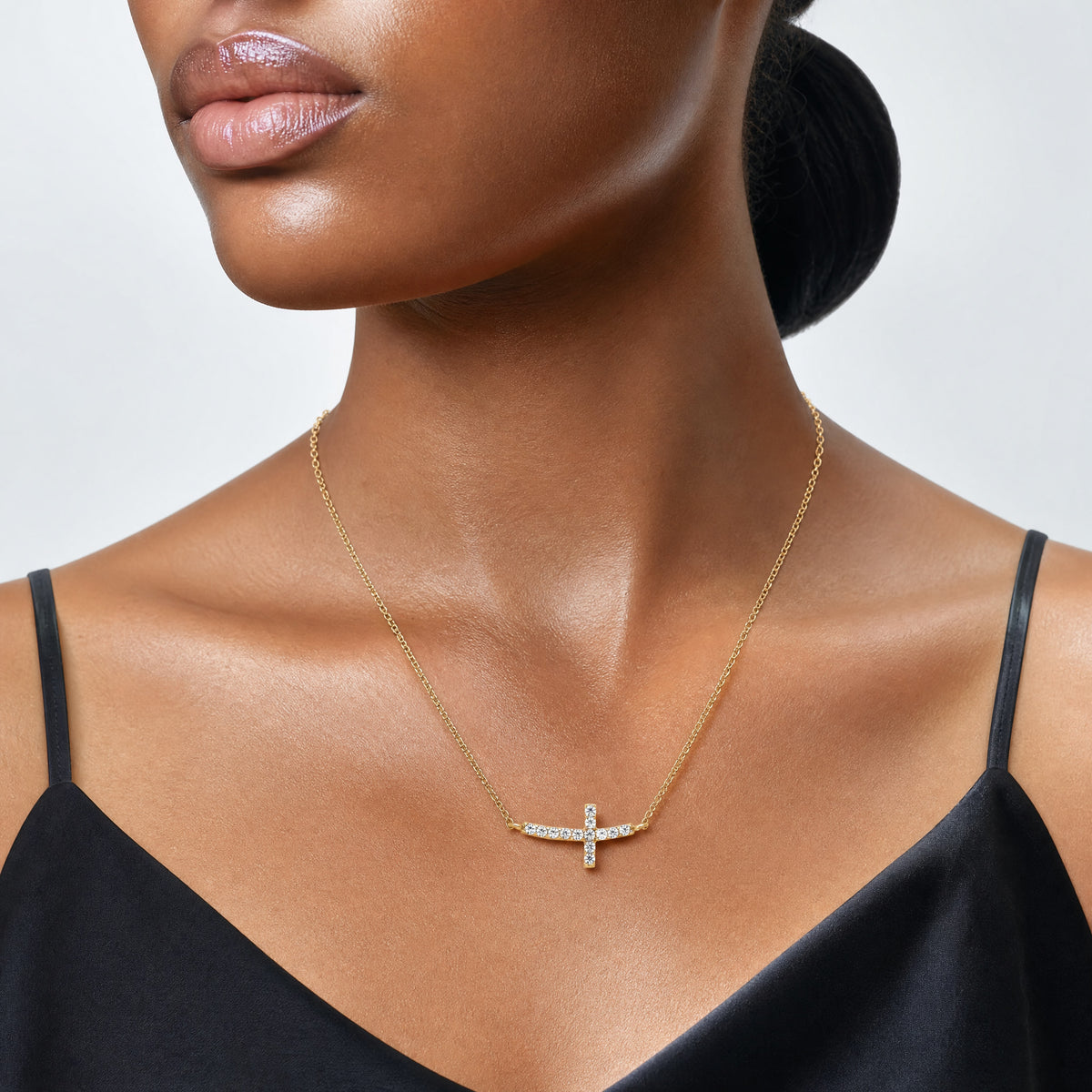 Sterling Silver Yellow Gold-plated CZ Sideways Cross w/2in Ext Necklace - Model Shot