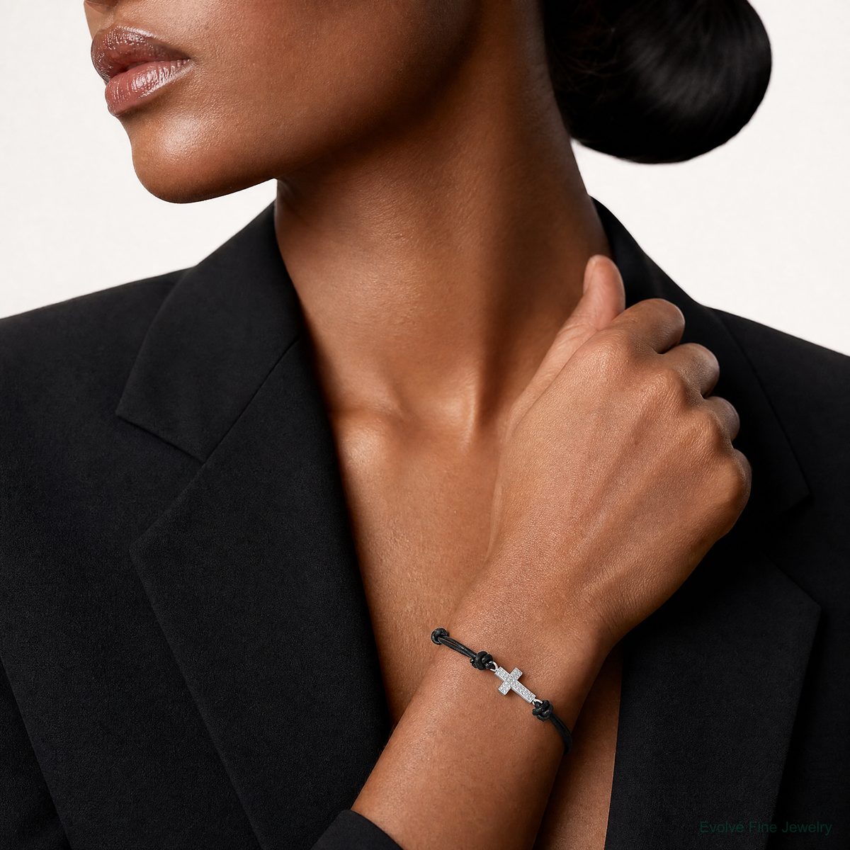 Sterling Silver Rhodium-plated CZ Cross Black Leather Adjustable Bracelet - Model Shot