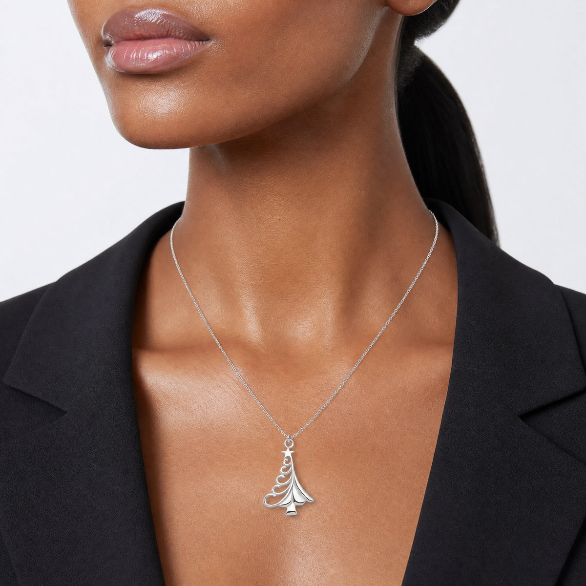 Sterling Silver Polished Christmas Tree Necklace - Model Shot