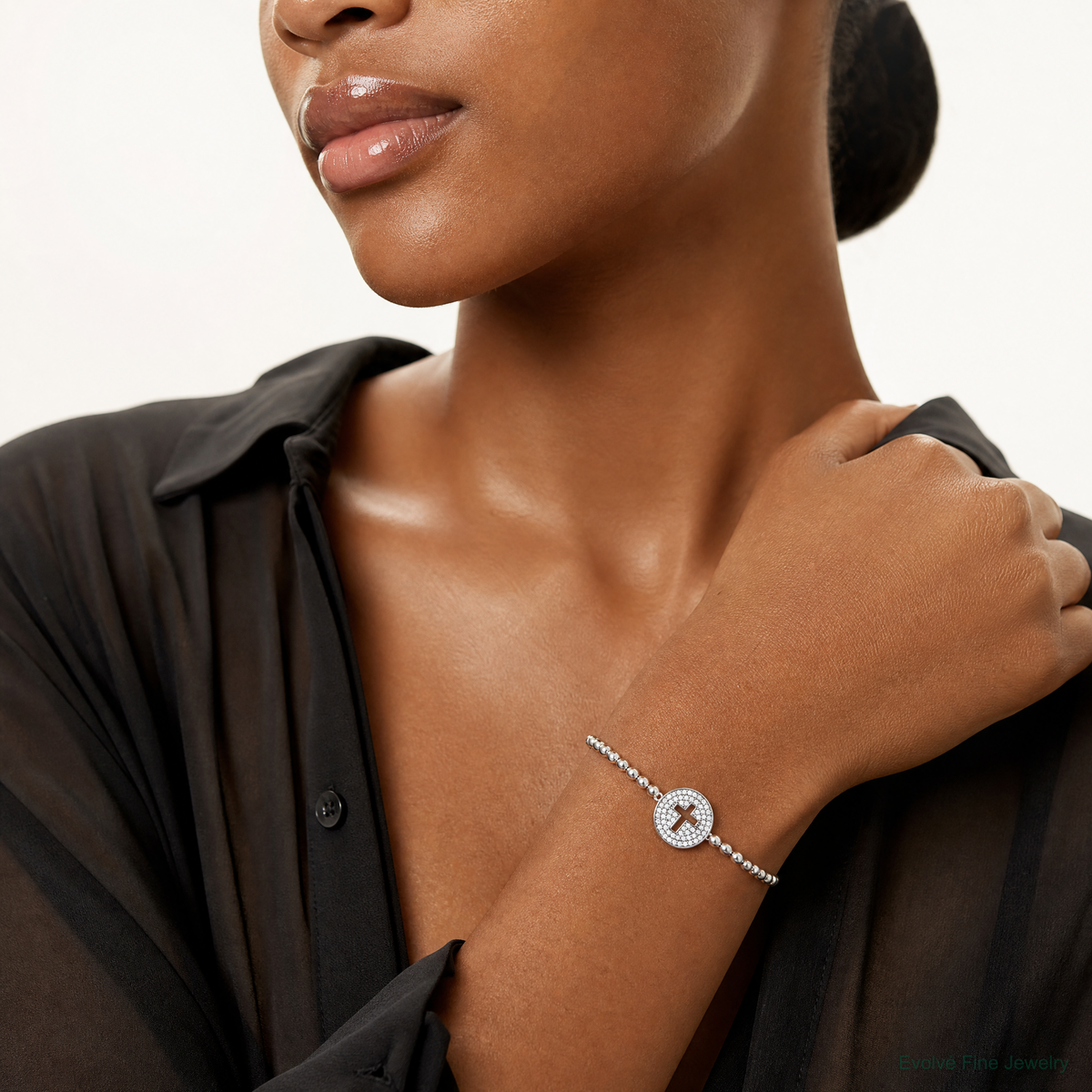 Sterling Silver Rhodium-plated CZ Cross Polished Beaded Stretch Bracelet - Model Shot