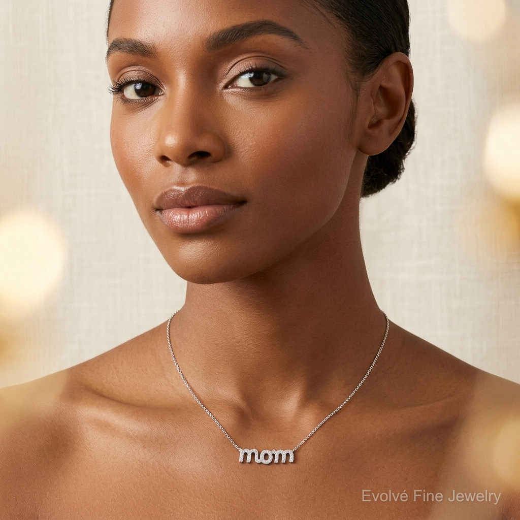 Sterling Silver Rhodium-plated MOM w/CZ Necklace - Model Shot