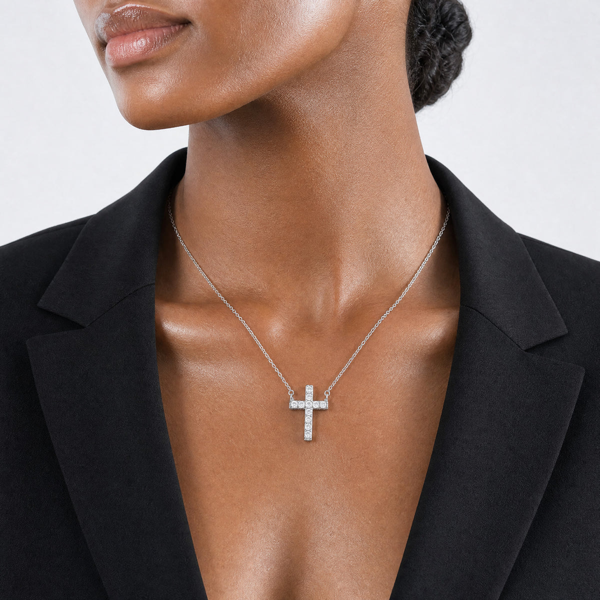 Sterling Silver Rhodium-plated CZ Cross w/2in ext. Necklace - Model Shot