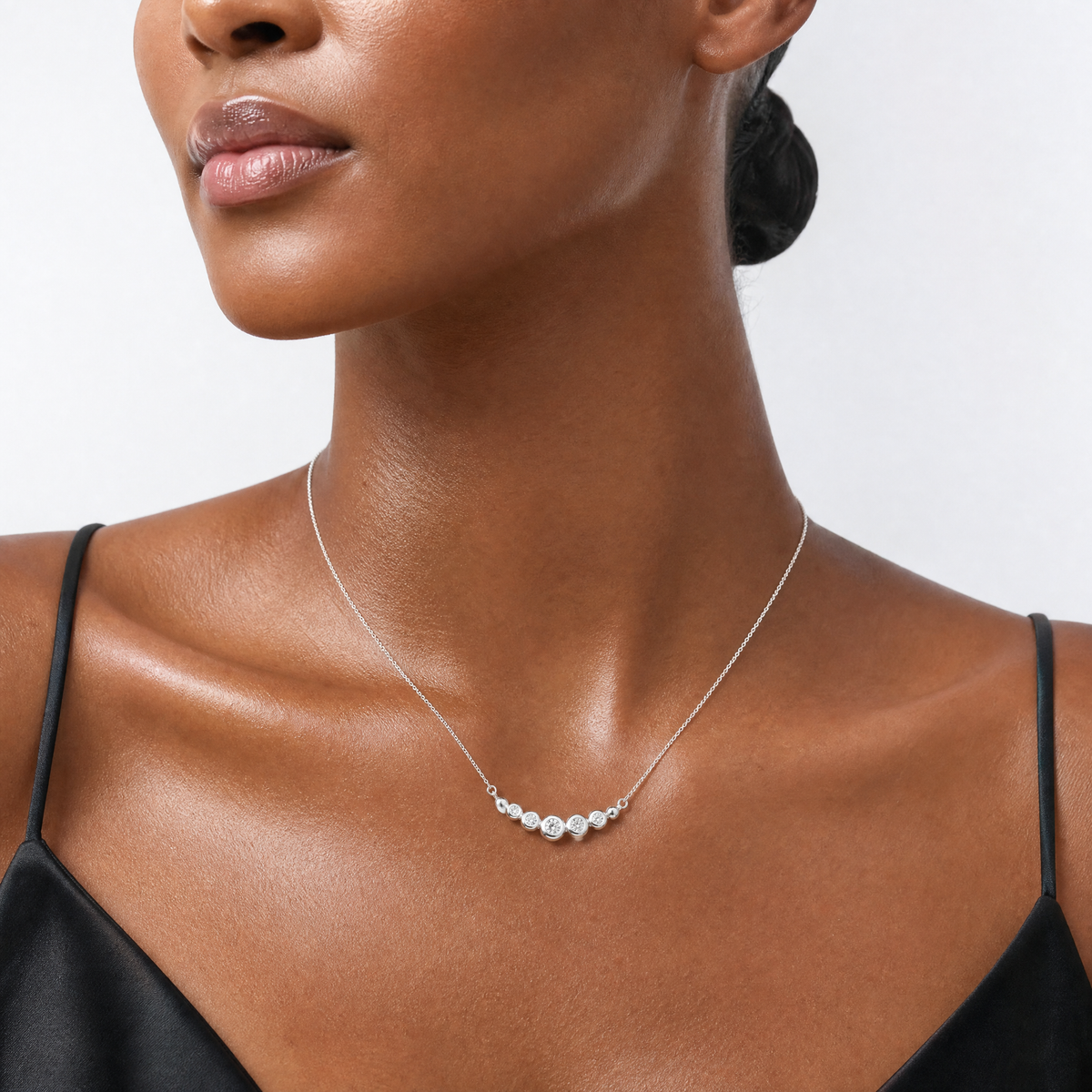 Sterling Silver Graduated CZ 18in Bar Necklace - Model Shot
