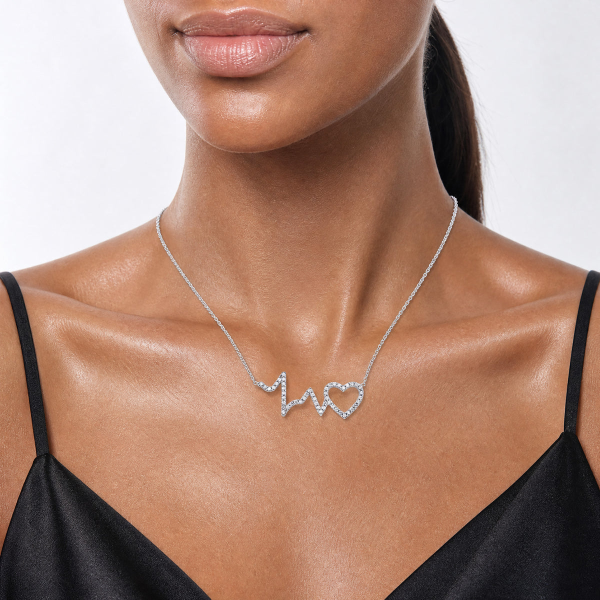 Sterling Silver Polished CZ Heartbeat 18in Necklace - Model Shot