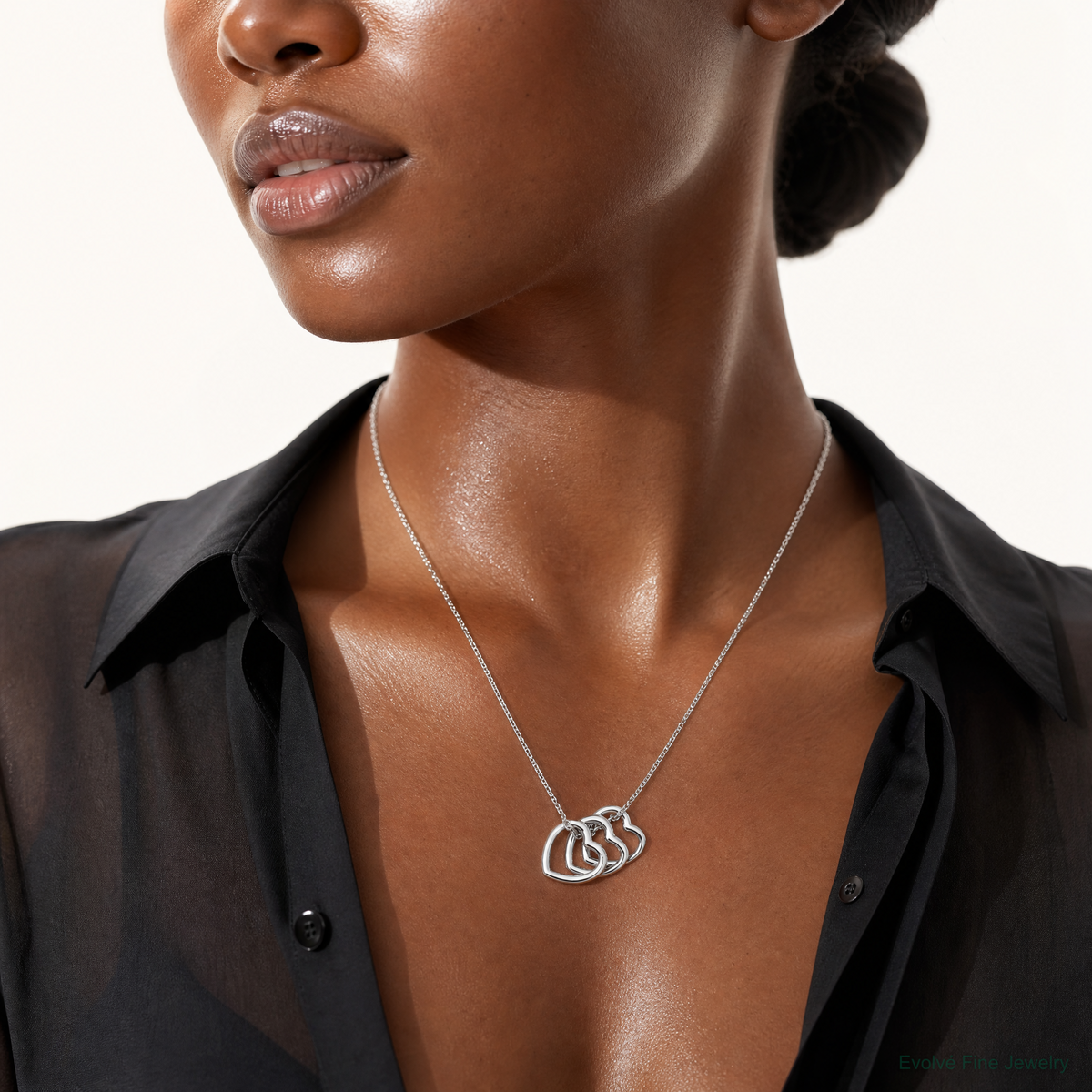 Sterling Silver Rhodium-plated 18in Hearts Necklace - Model Shot