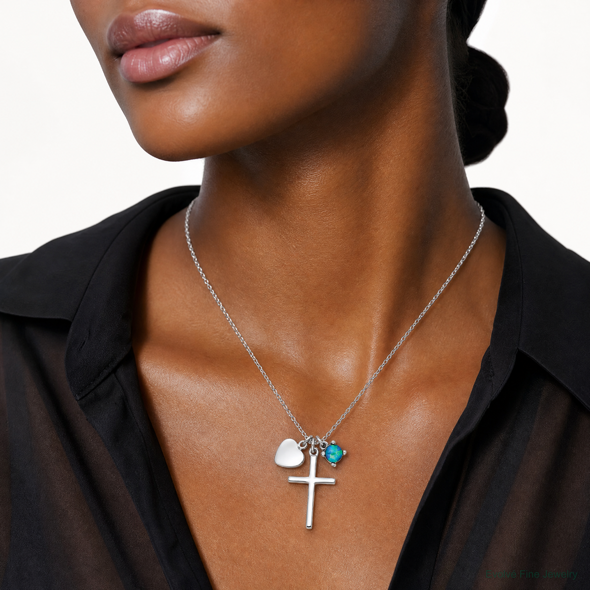 Sterling Silver Rhodium-plated Created Blue Opal Cross Necklace - Model Shot
