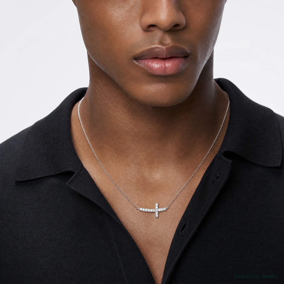 Sterling Silver Rhodium-plated CZ Sideways Cross w/2 inch ext Necklace - Model Shot