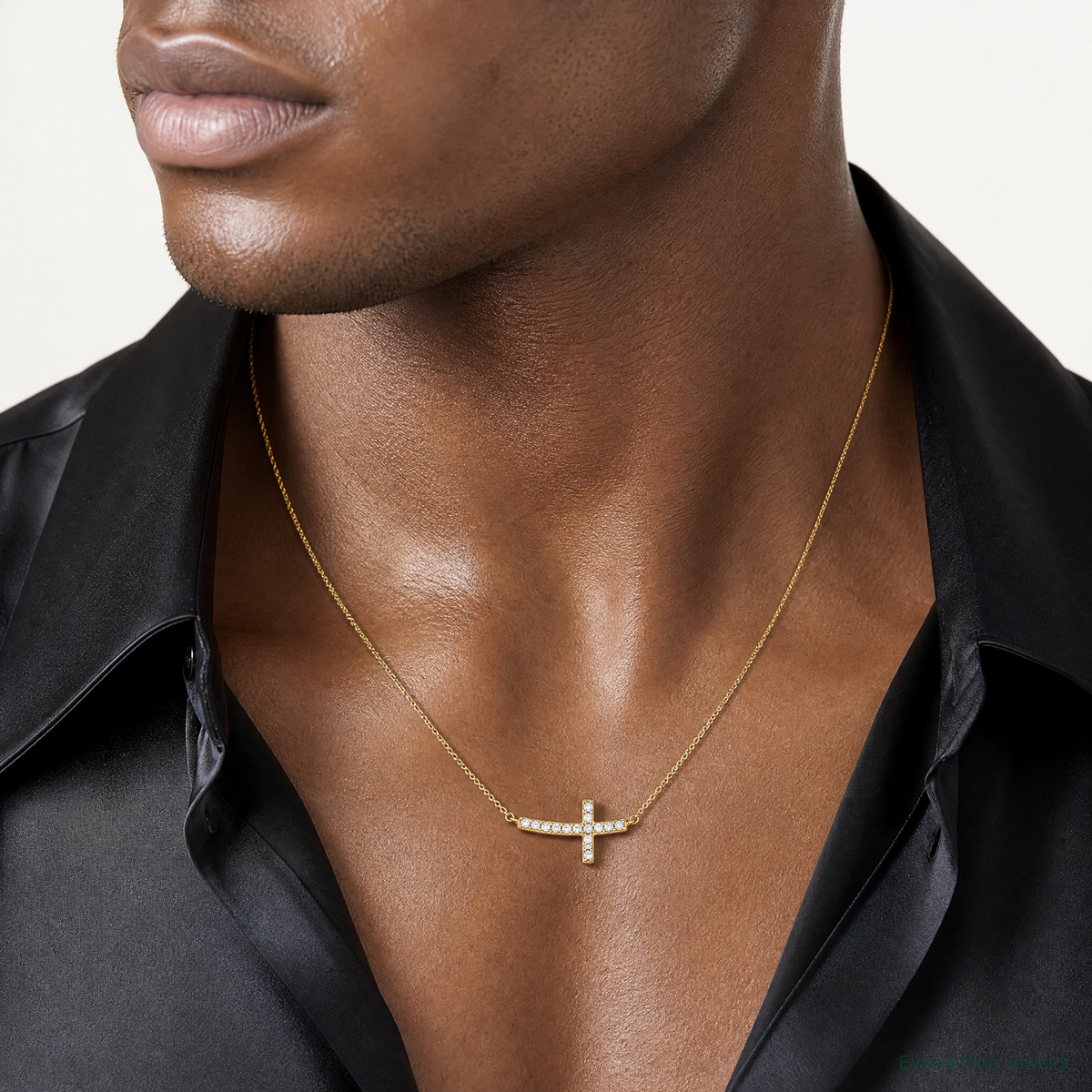 Sterling Silver Gold-tone CZ Sideways Cross w/2 inch ext Necklace - Model Shot