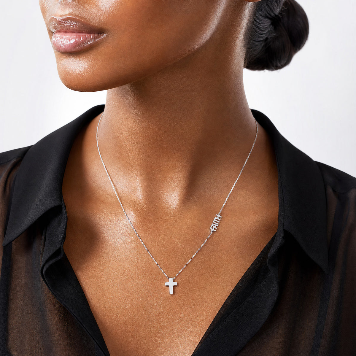 Sterling Silver Rhodium-plated FAITH w/Cross Necklace - Model Shot