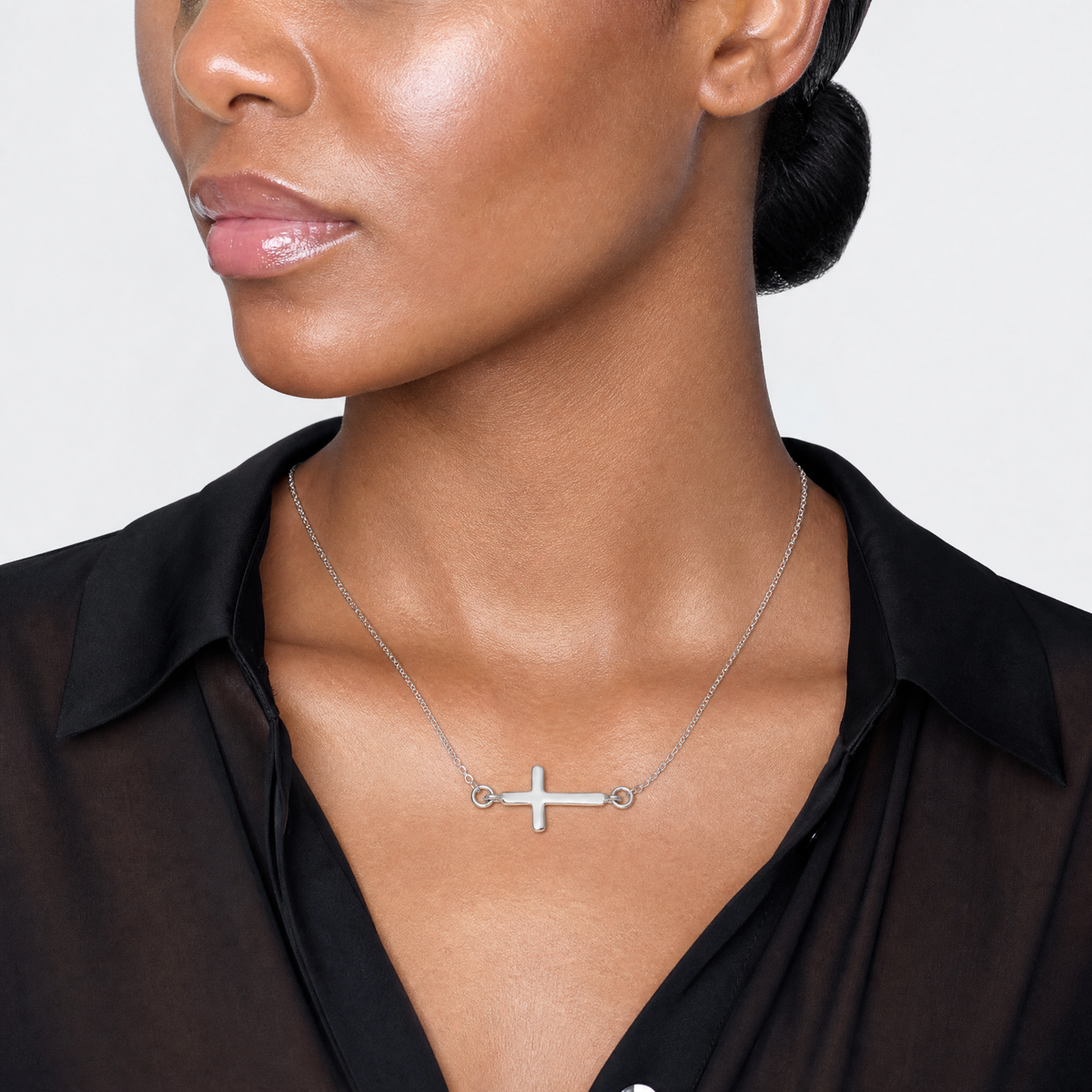 Sterling Silver Rhodium-plated w/ 2in ext. Sideways Cross Necklace - Model Shot