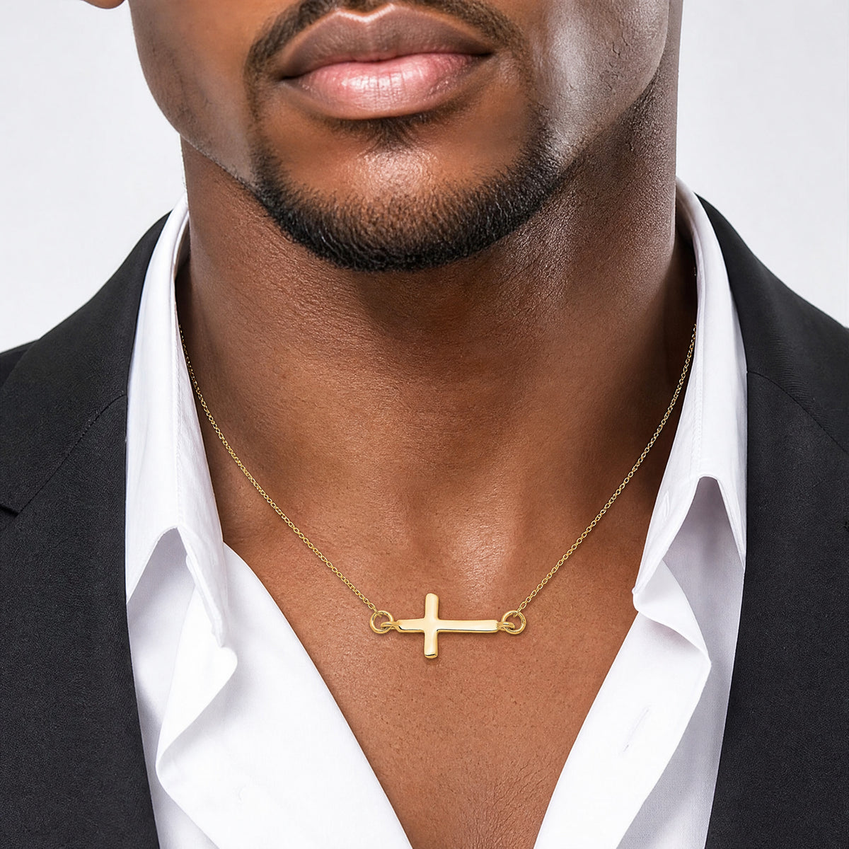 Sterling Silver Gold-plated w/ 2in ext. Sideways Cross Necklace - Model Shot