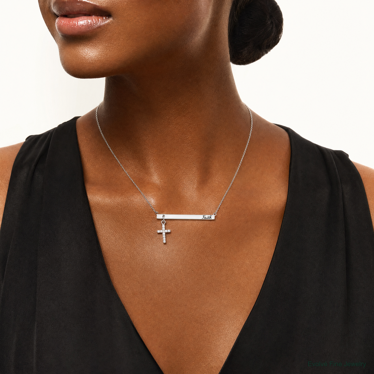 Sterling Silver RH-plated CZ Cross Enamel FAITH 16in w/2inext. Bar Necklace - Model Shot