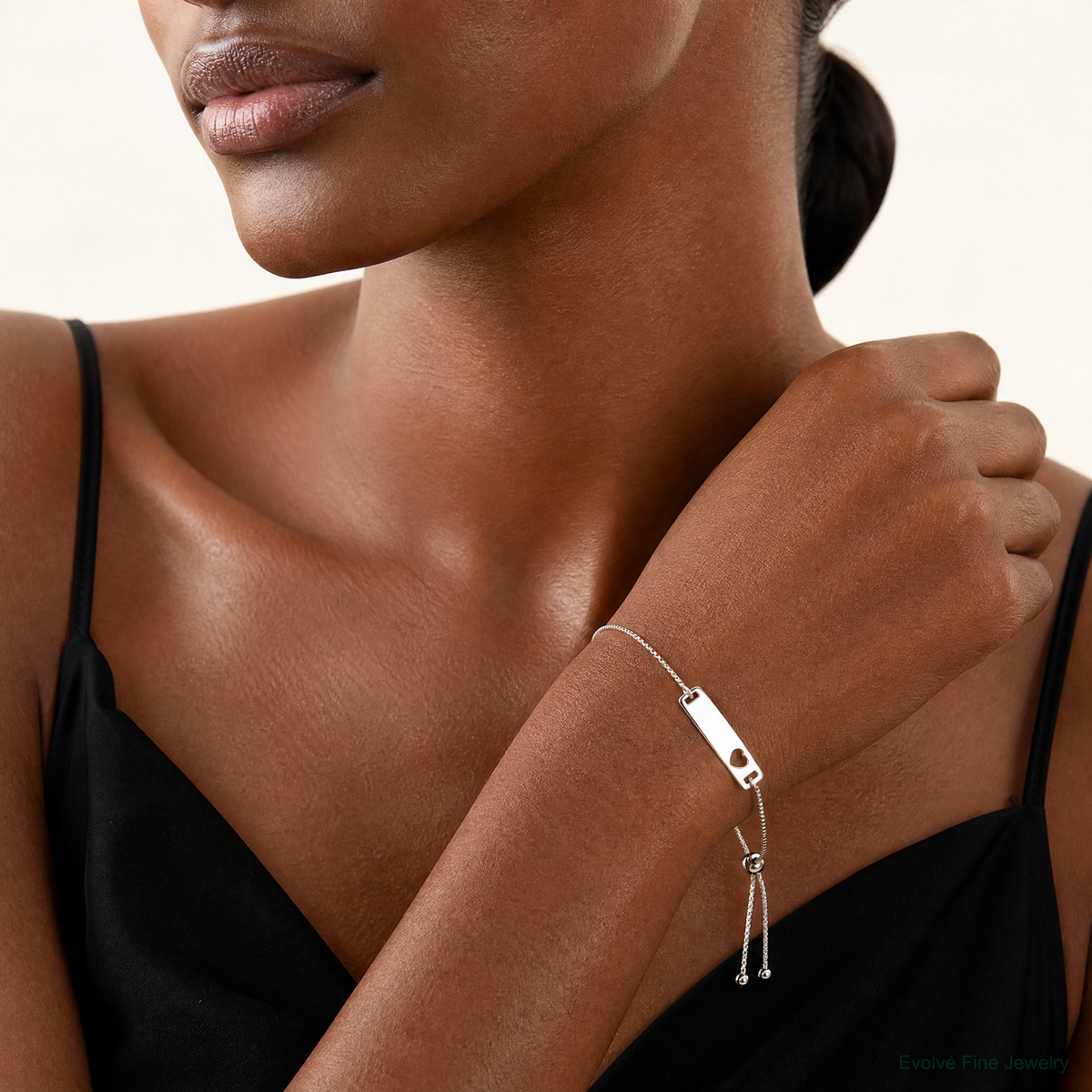 Sterling Silver Polished Bar w/ Heart Adjustable Bracelet - Model Shot