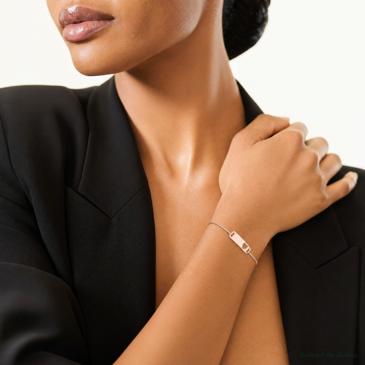 Sterling Silver Rose Gold-tone Polished Bar w/ Heart Adjustable Bracelet - Model Shot