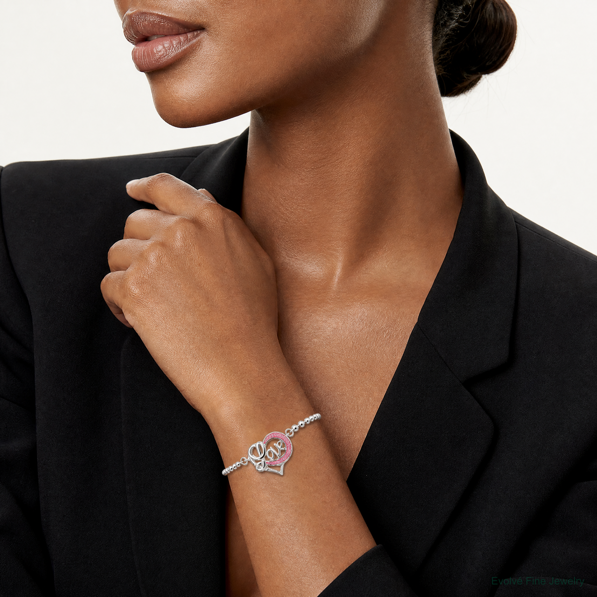 Sterling Silver Glitter Infused Infinity LOVE Adjustable Bracelet - Model Shot