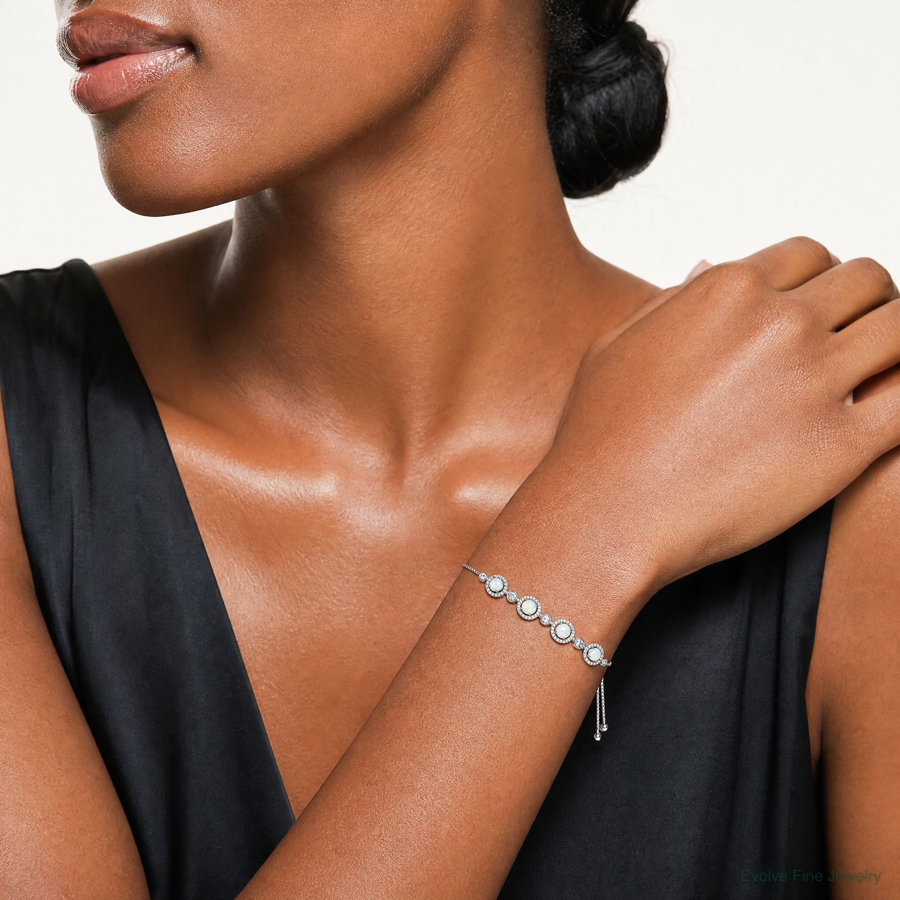 Sterling Silver RH-plated Created Opal and CZ Adjustable Bracelet - Model Shot